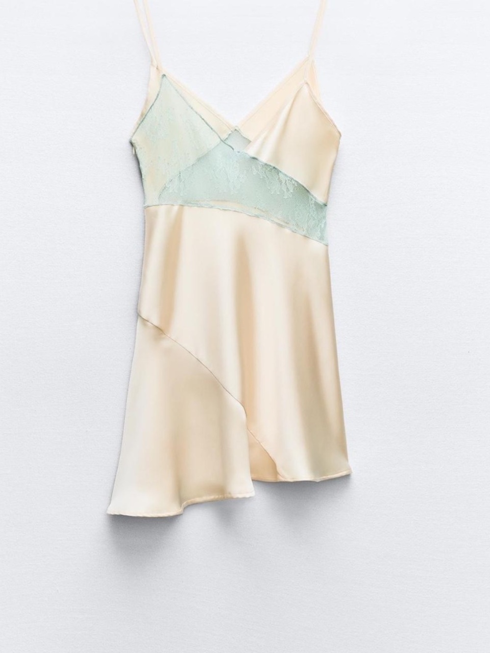 Zara Satin Lace Slip Mini Dress Cream White Green Size Medium - Picture 4 of 9